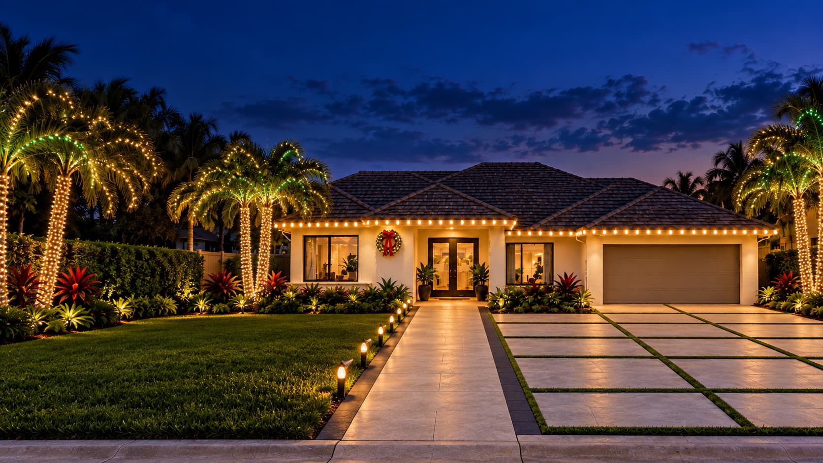 Miami home at dusk with warm white roofline Christmas lights and wrapped palm trees